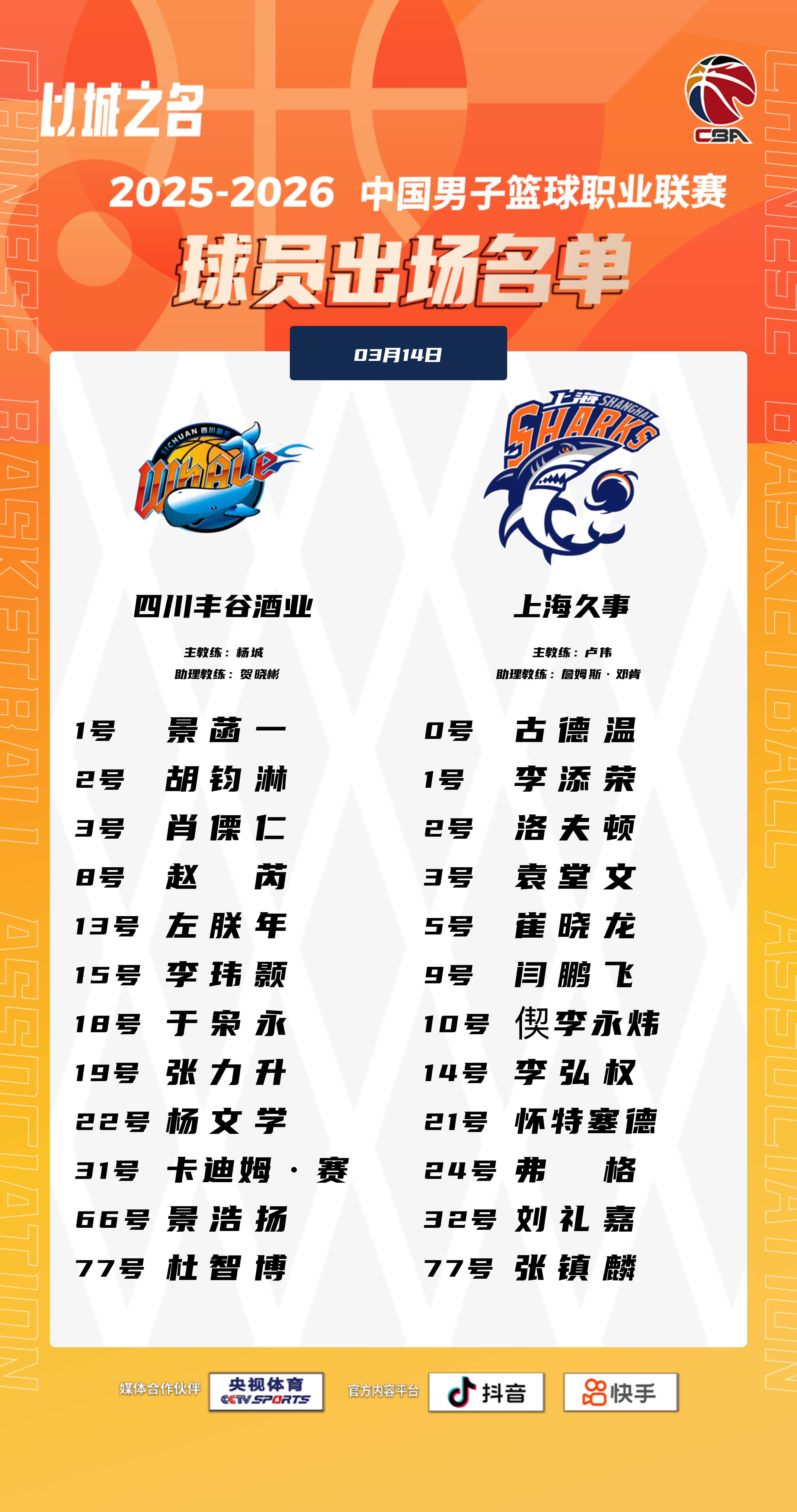 李弘权回归名单，王哲林和刘铮轮休。上海久事大鲨鱼