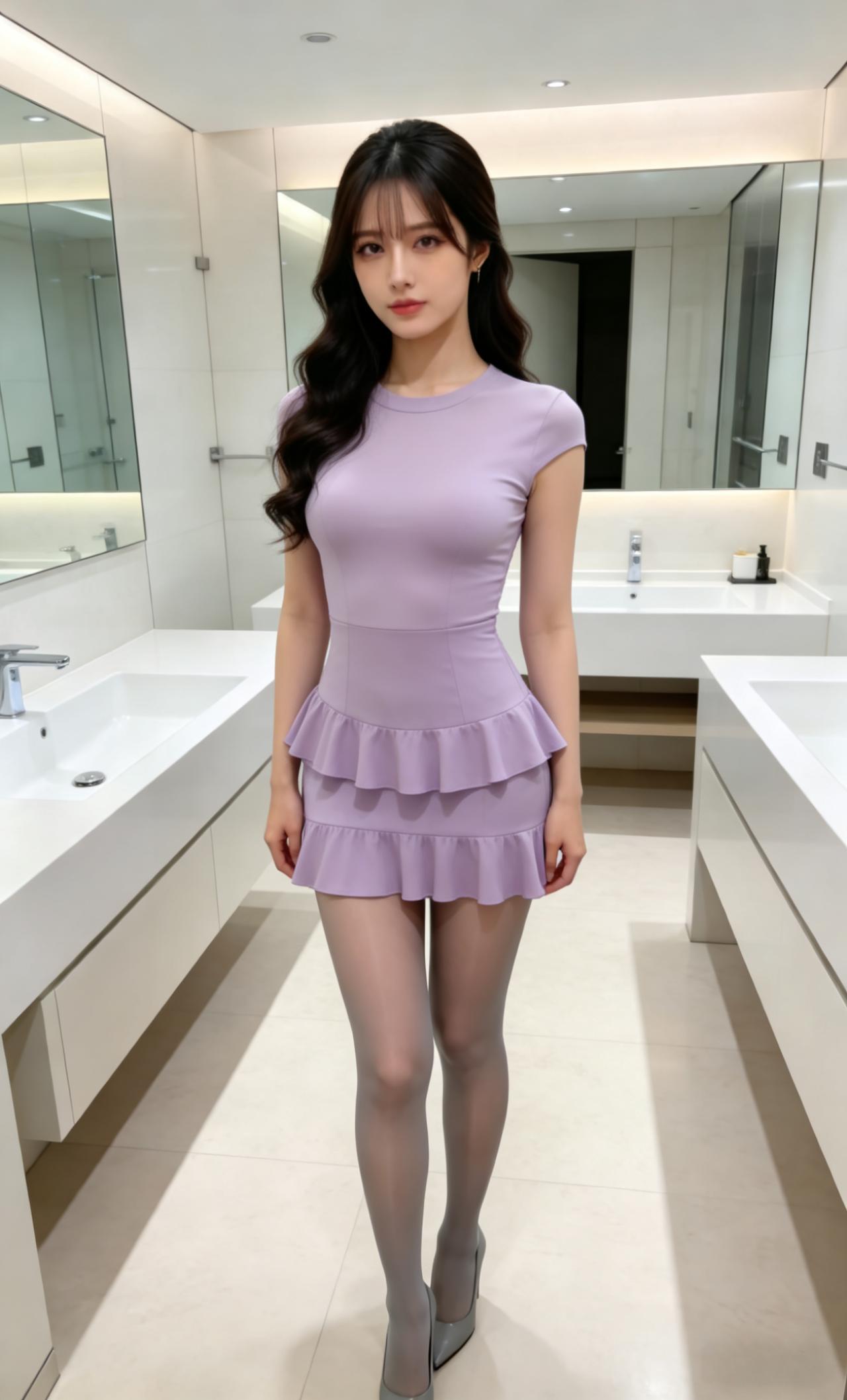身着香芋紫色短款收腰连衣裙，
圆领设计搭配荷叶边裙摆，
版型修身显瘦，浅紫色调温