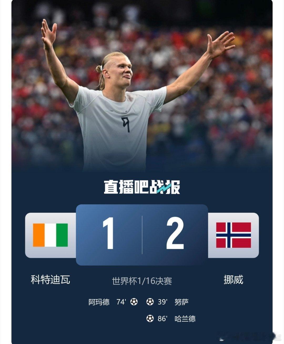 哈兰德绝杀破门又是绝杀！哈兰德86分钟绝杀科特迪瓦，帮助挪威晋级美加墨世界杯16