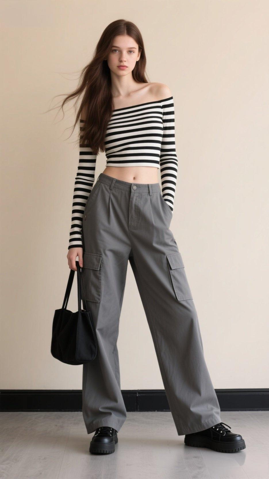 复古条纹露肩上衣搭配宽松工装裤这组合，简直绝了！
像喻钟黎那身咖色条纹露肩衫叠深