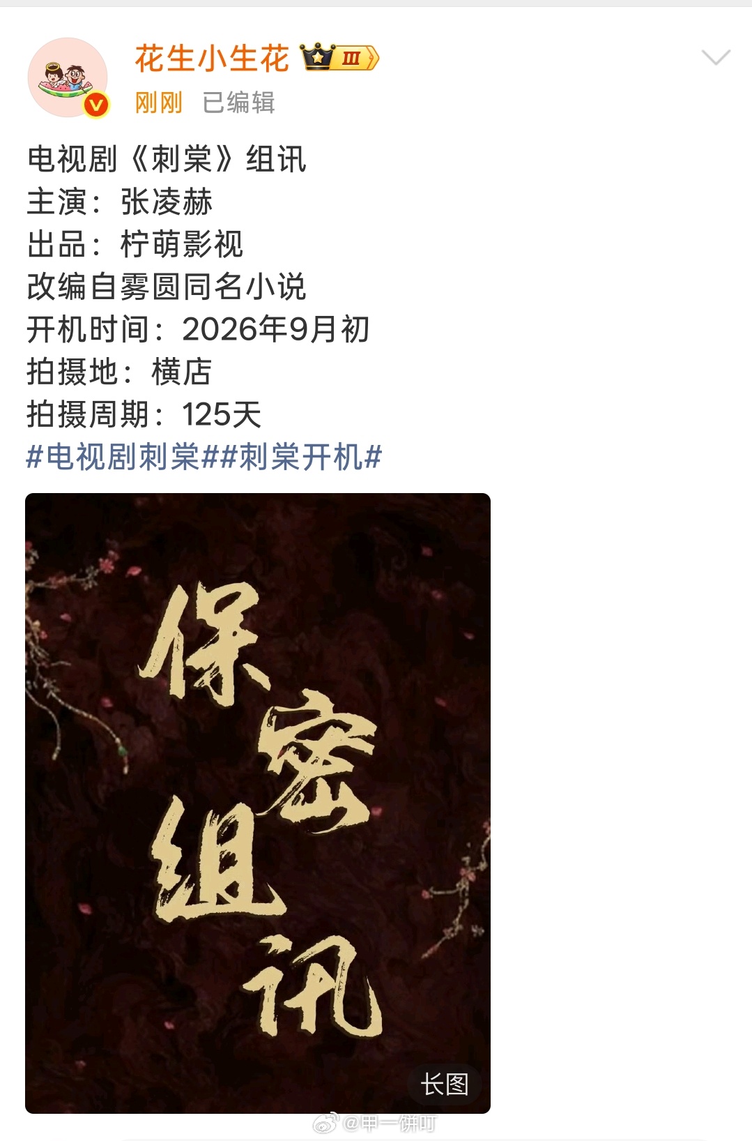 电视剧《刺棠》组讯主演：张凌赫出品：柠萌影视改编自雾圆同名小说开机时间：2026