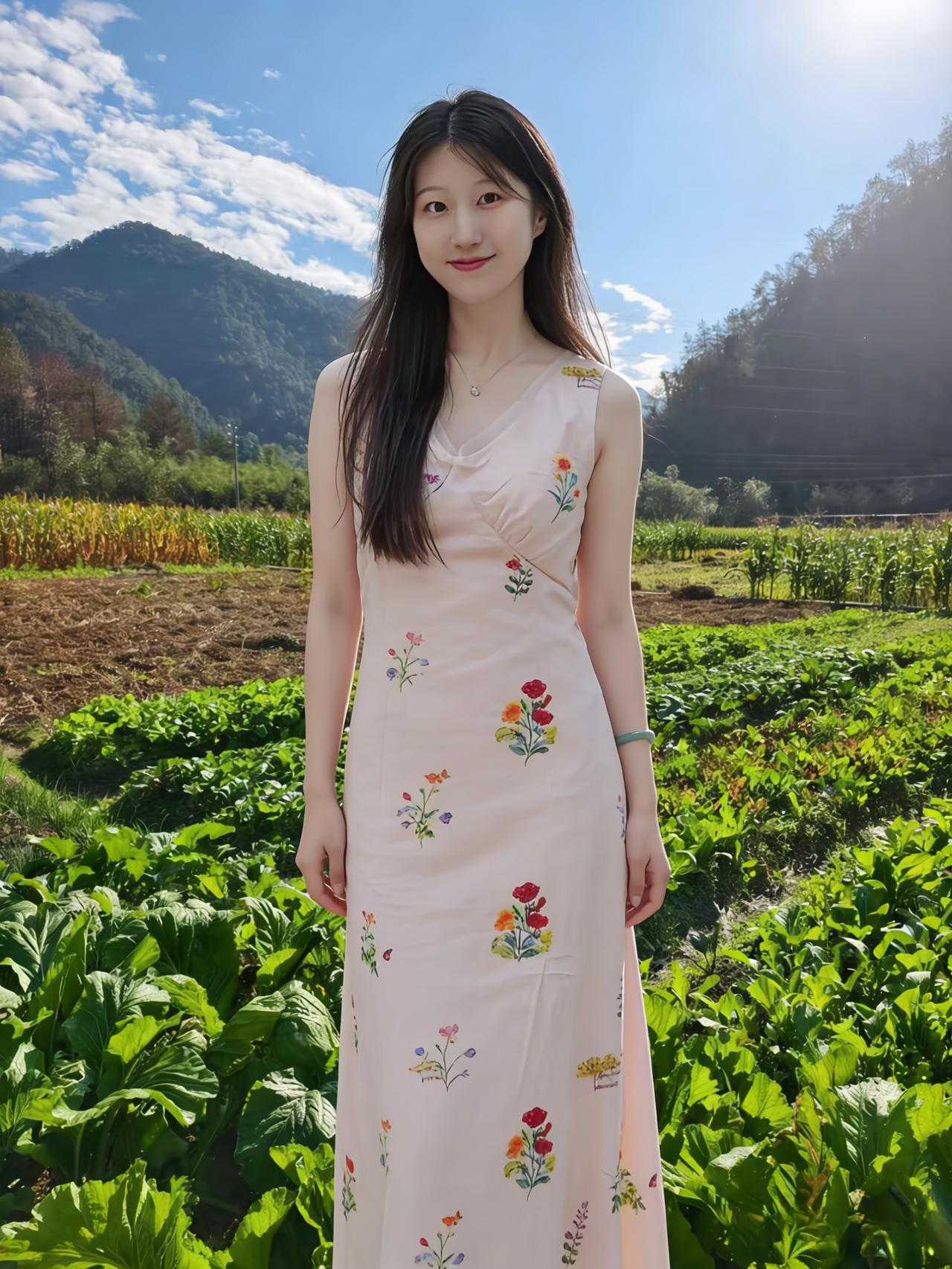 她把春天缝进裙边，第一针是菜地的新绿
浅粉的底布上，花簇开得漫不经心
像田埂边自