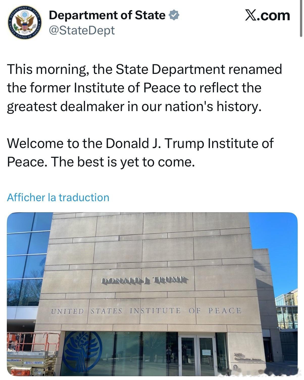 【黄金时代】今天上午，美国国务院将原和平研究所更名为唐纳德·J·特朗普和平研究所