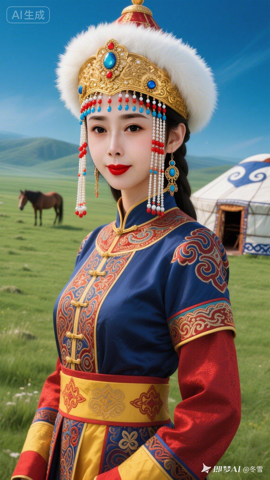 草原上的美丽公主，身着华丽的民族服饰，背景是广阔的草原和蒙古包。