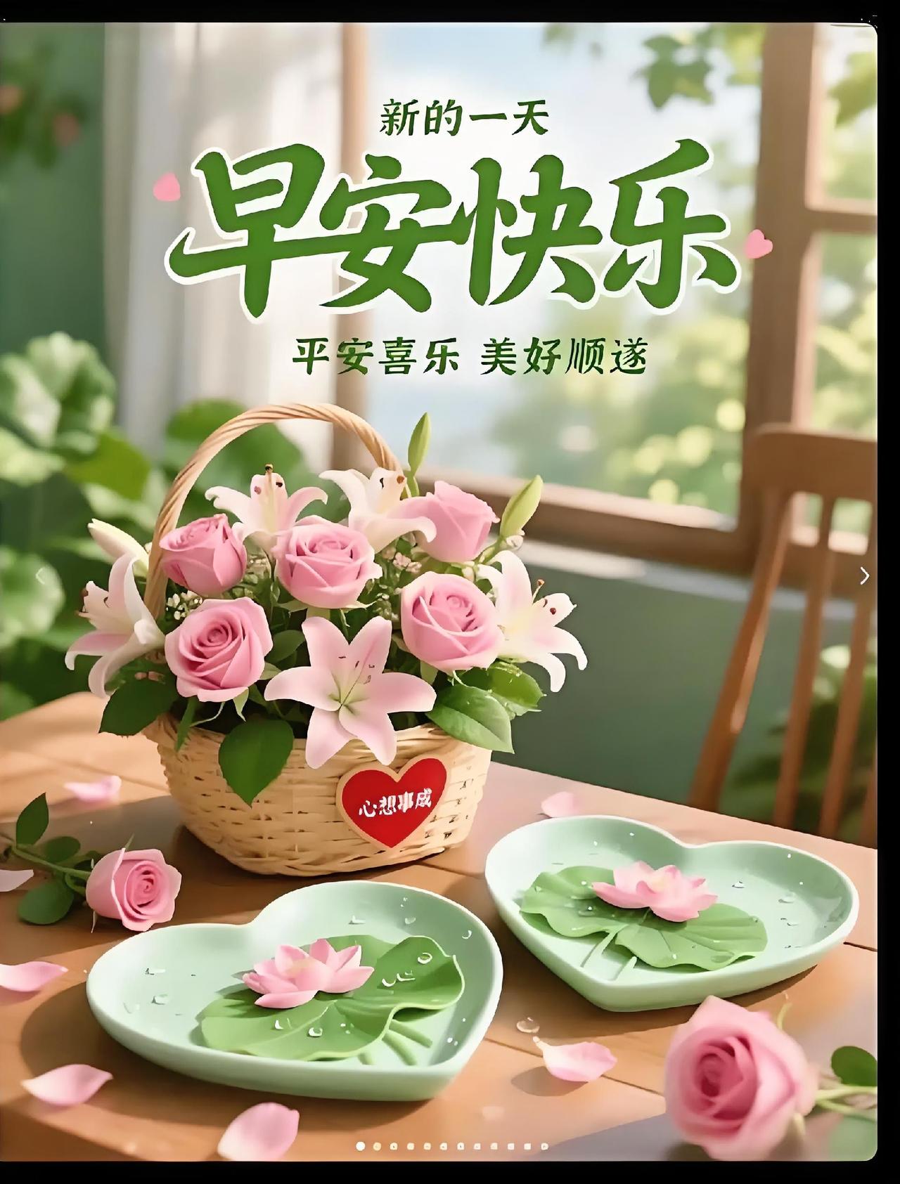 早安快乐！鲜花与莲叶共舞，愿你平安喜乐，美好顺遂，心想事成，开启元气满满的一天～