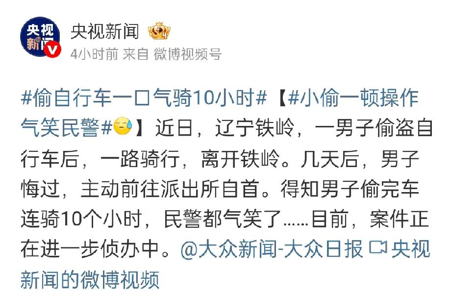 看笑了，你说他图啥。辽宁铁岭，一男子偷自行车后，连续骑行10小时离开铁岭，几天后