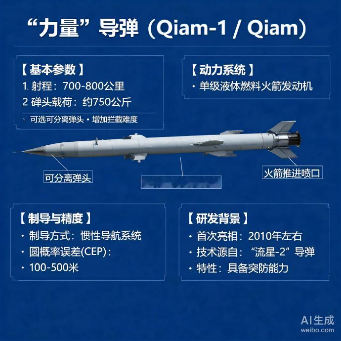 军事ai新视野 “力量”（Qiam-1 / Qiam）导弹射程约为700至800