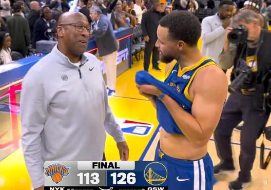 尼克斯主教练布朗赛后与库里热情寒暄，并与追梦激情拥抱NBANBA