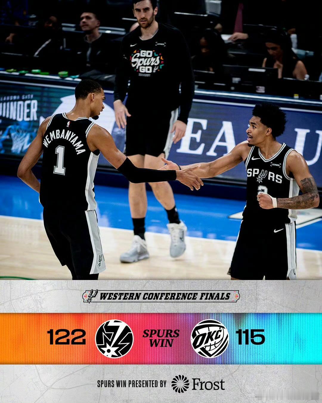 马刺1比0雷霆    NBA季后赛西部决赛首战，马刺历经双加时以122-115客
