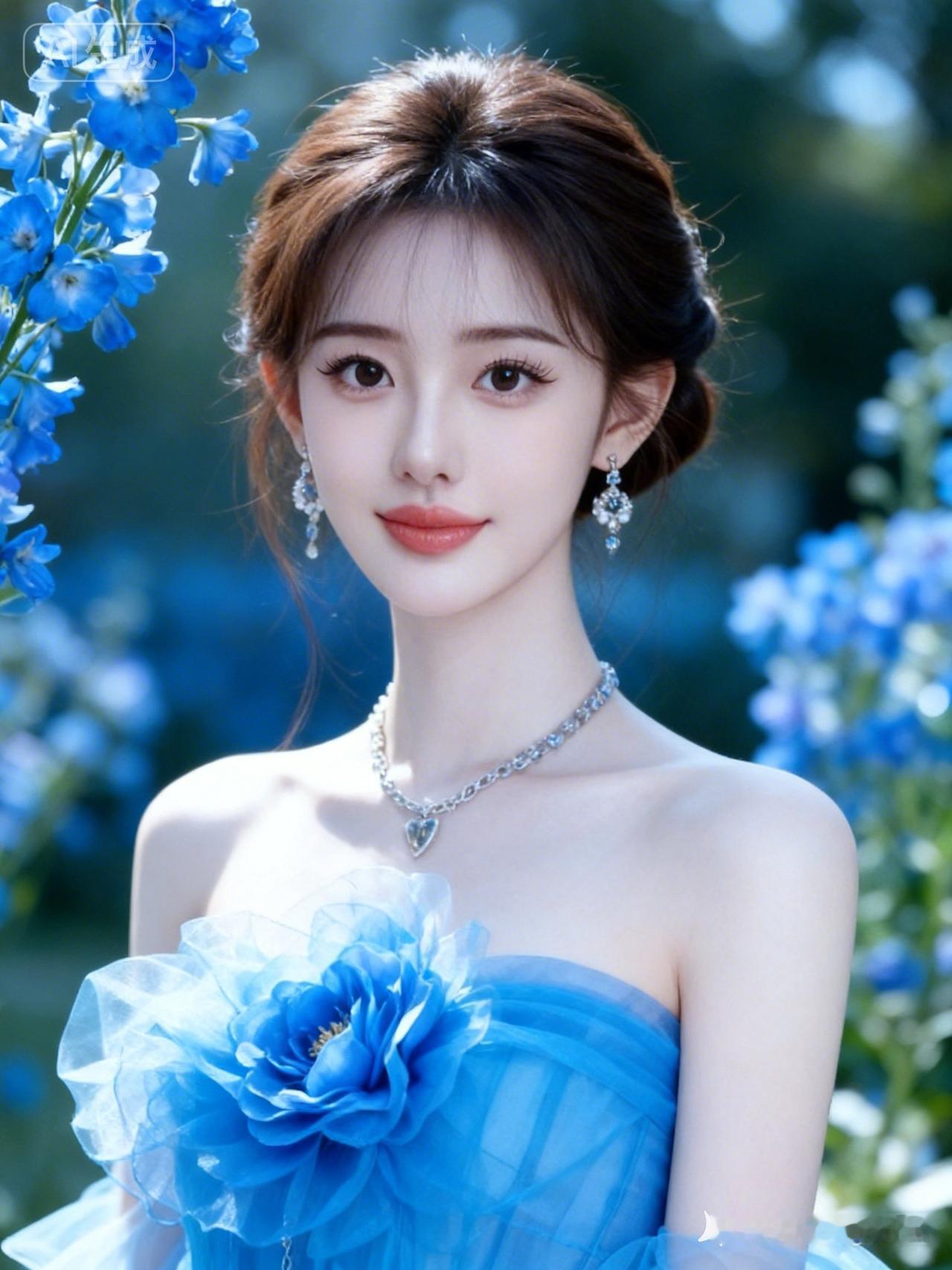 美女尖下巴比例精致，棕色简约盘发，身材娇小。冷白皮如陶瓷细腻，着蓝色纱质抹胸礼服