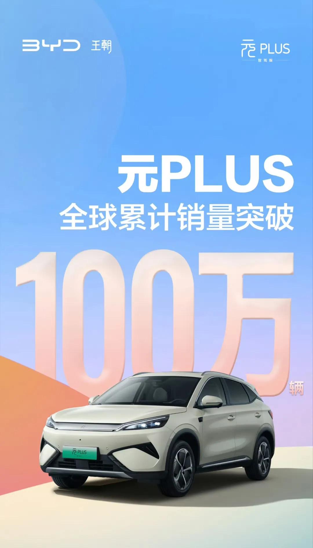 比亚迪元PLUS累销破100万台。
2022年上市，3年的时间便突破了百万，并畅