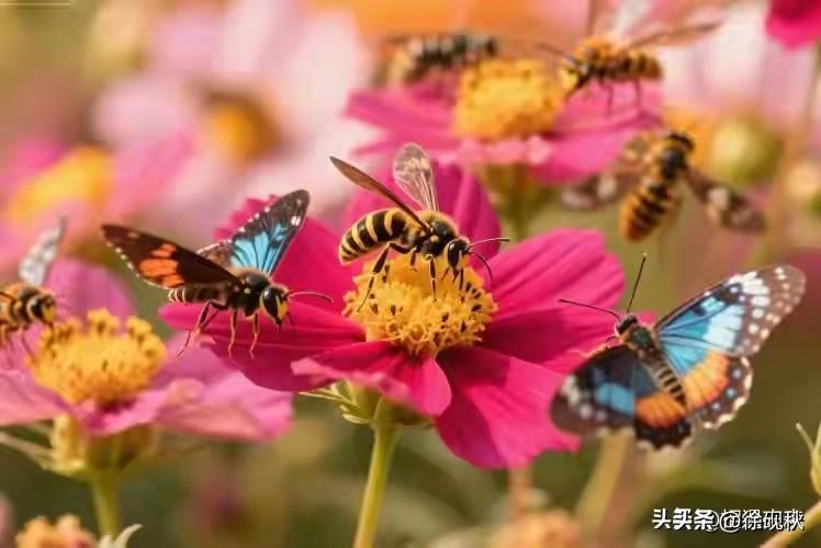 上联：彩蝶黄蜂寻艳处，
下联：花枝招展惹人妒。