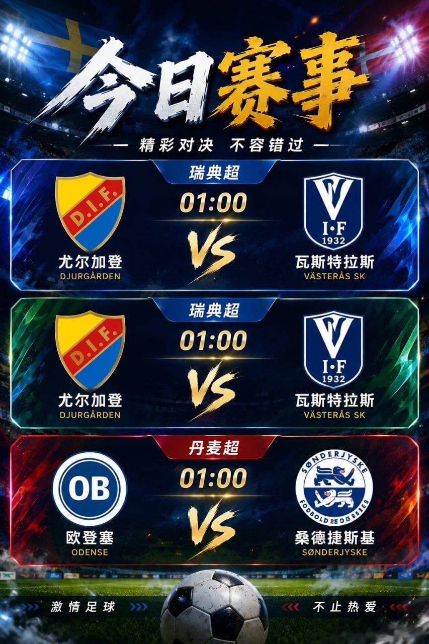 凌晨赛事继续上演，北欧联赛迎来焦点之战。🕐 01:00尤尔加登 vs 瓦斯特拉
