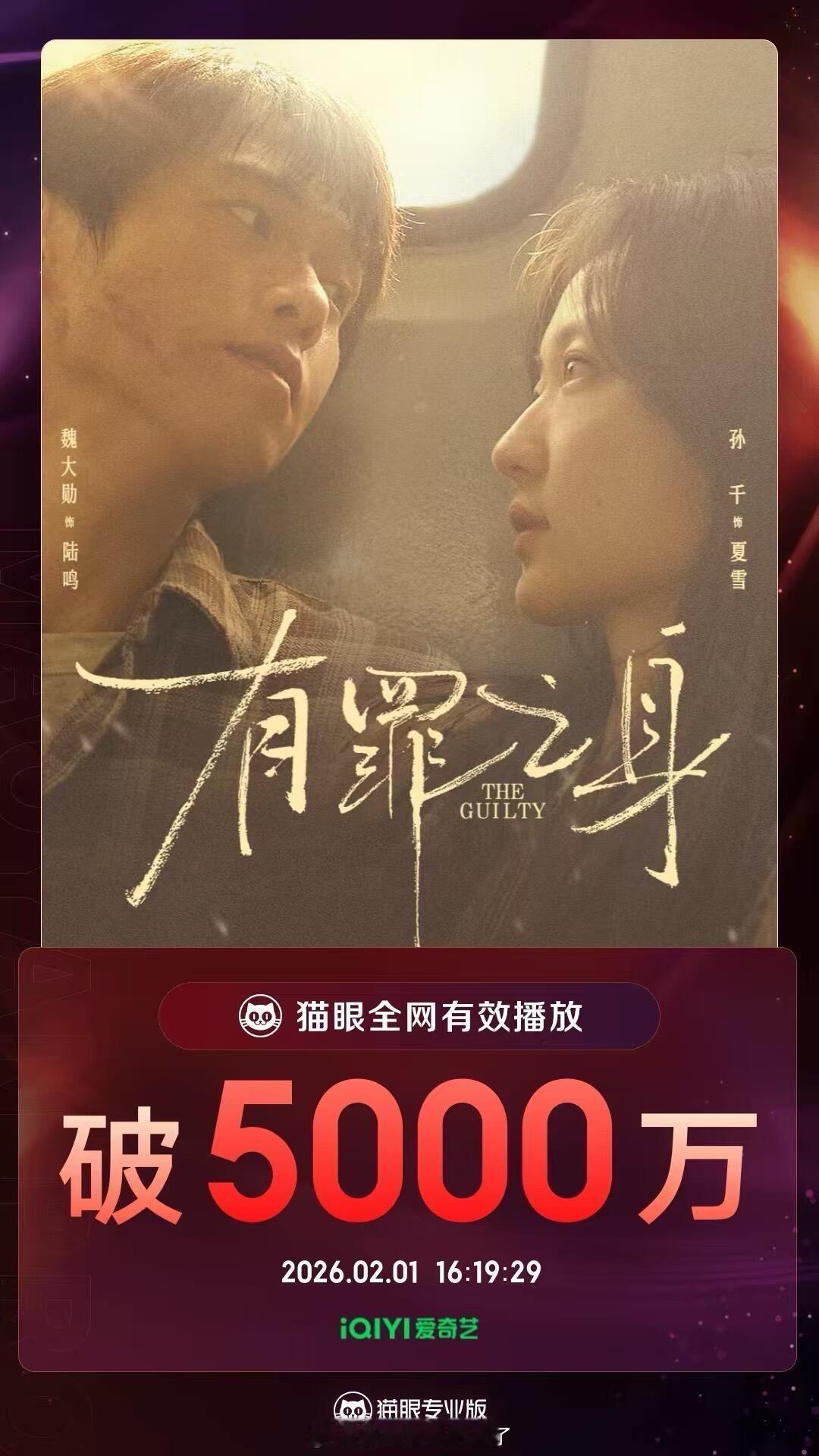 恭喜魏大勋《有罪之身》猫眼全网有效播放量破5000w，电视剧按照这个水准拍长剧还