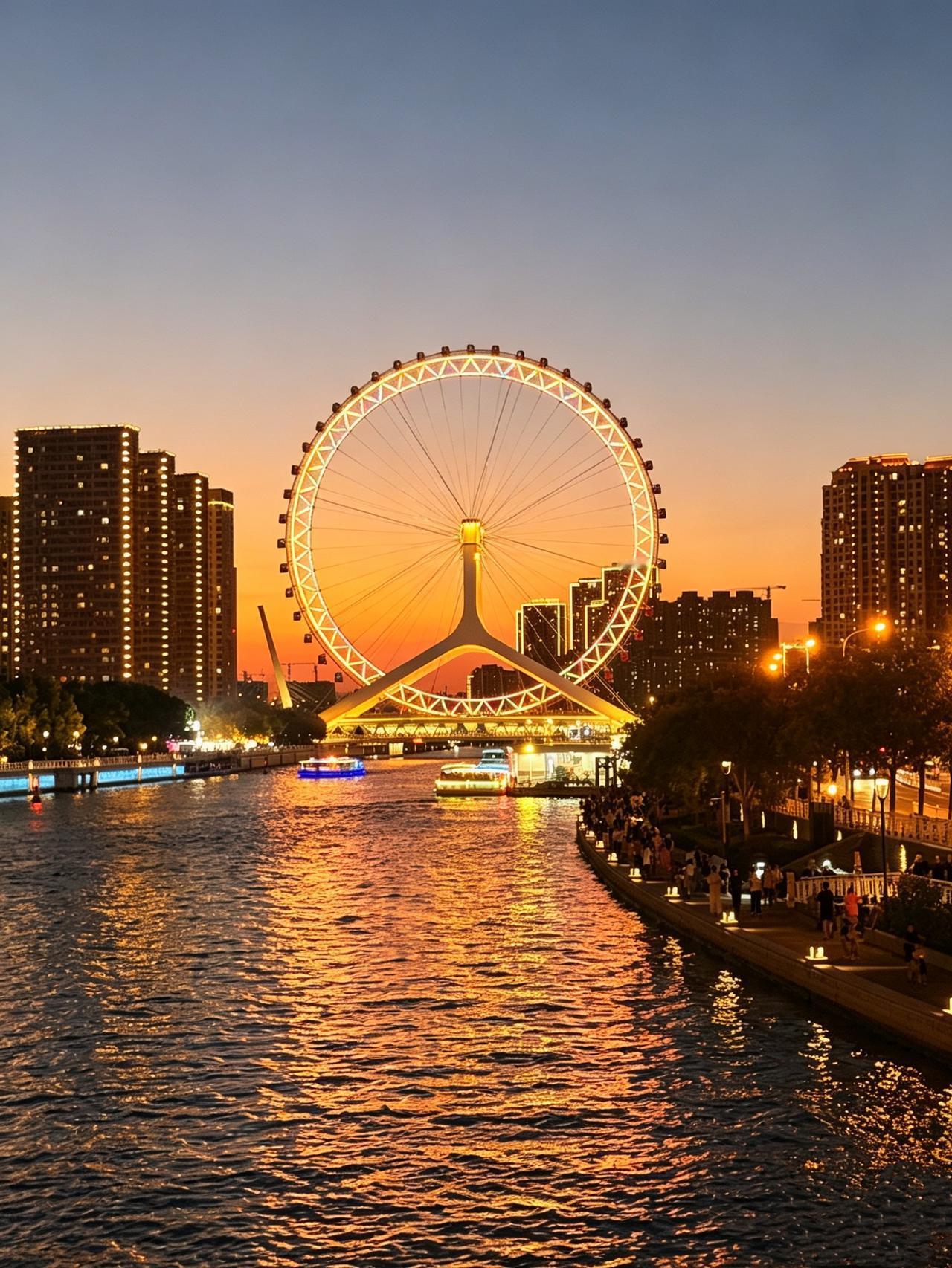 送你天津的美好，
从夕阳到日暮，
天津之眼的美
日落天津 天津避风港 津门礼物 