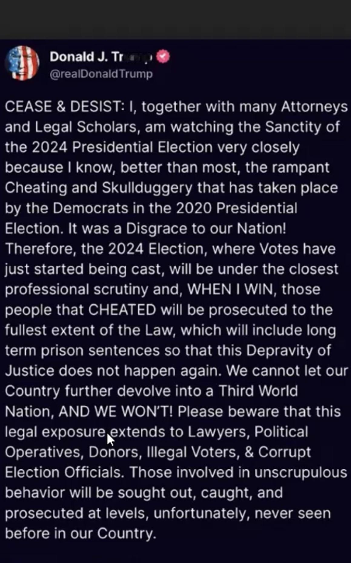 特朗普发文称，他与众多律师和法律学者密切关注2024年总统选举的神圣性，指出20