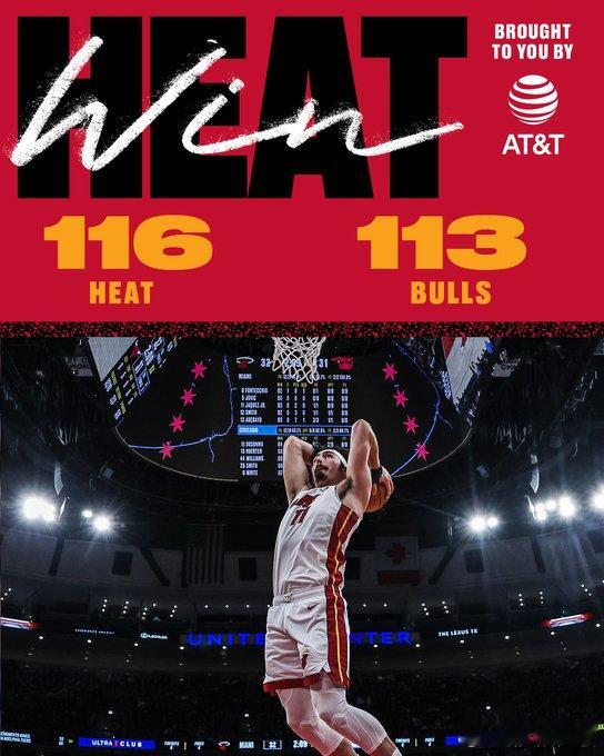 热火险胜公牛 热火116-113险胜公牛，阿德巴约20分12篮板，鲍威尔21分，