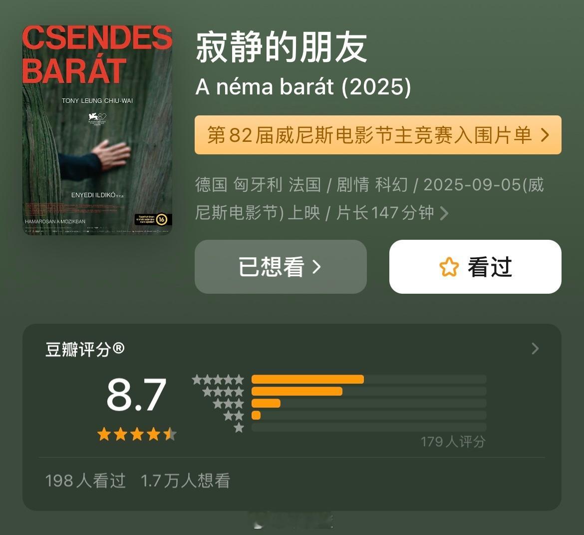 两部威尼斯电影节主竞赛影片豆瓣开分：「寂静的朋友」8.7「无可奈何」7.8.威尼