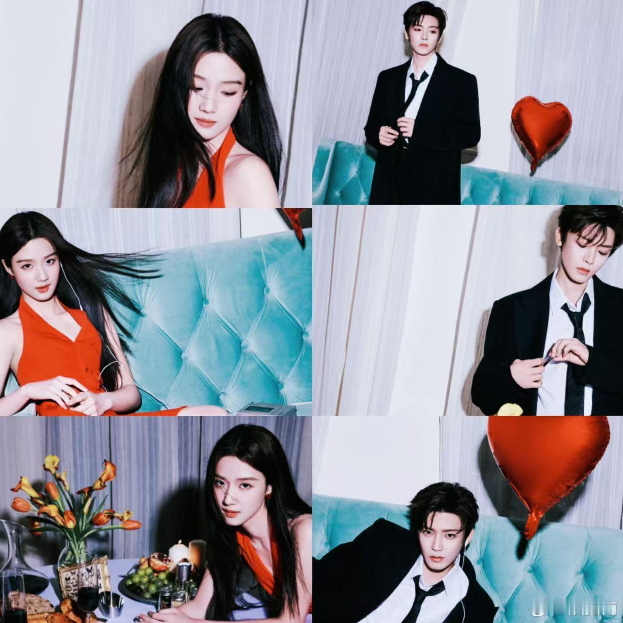 侯明昊卢昱晓红黑cp感侯明昊卢昱晓复古氛围大片   红裙摇曳的她，黑西装禁欲的他