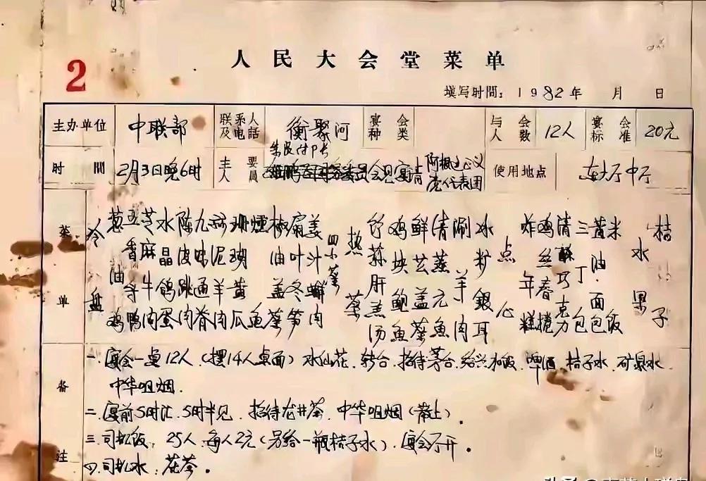 1982年2月3日，人民大会堂东大厅中厅。

中联部接待阿根廷代表团，12人晚宴