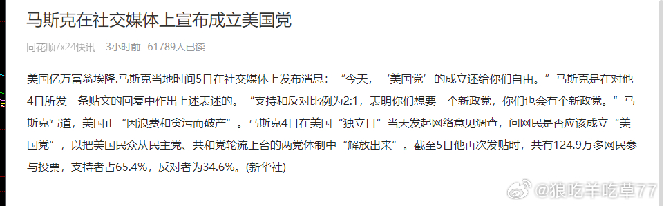 马斯克真是个人才上次投票成立美国党，支持率80多，这次降低到60多然后宣布成立美
