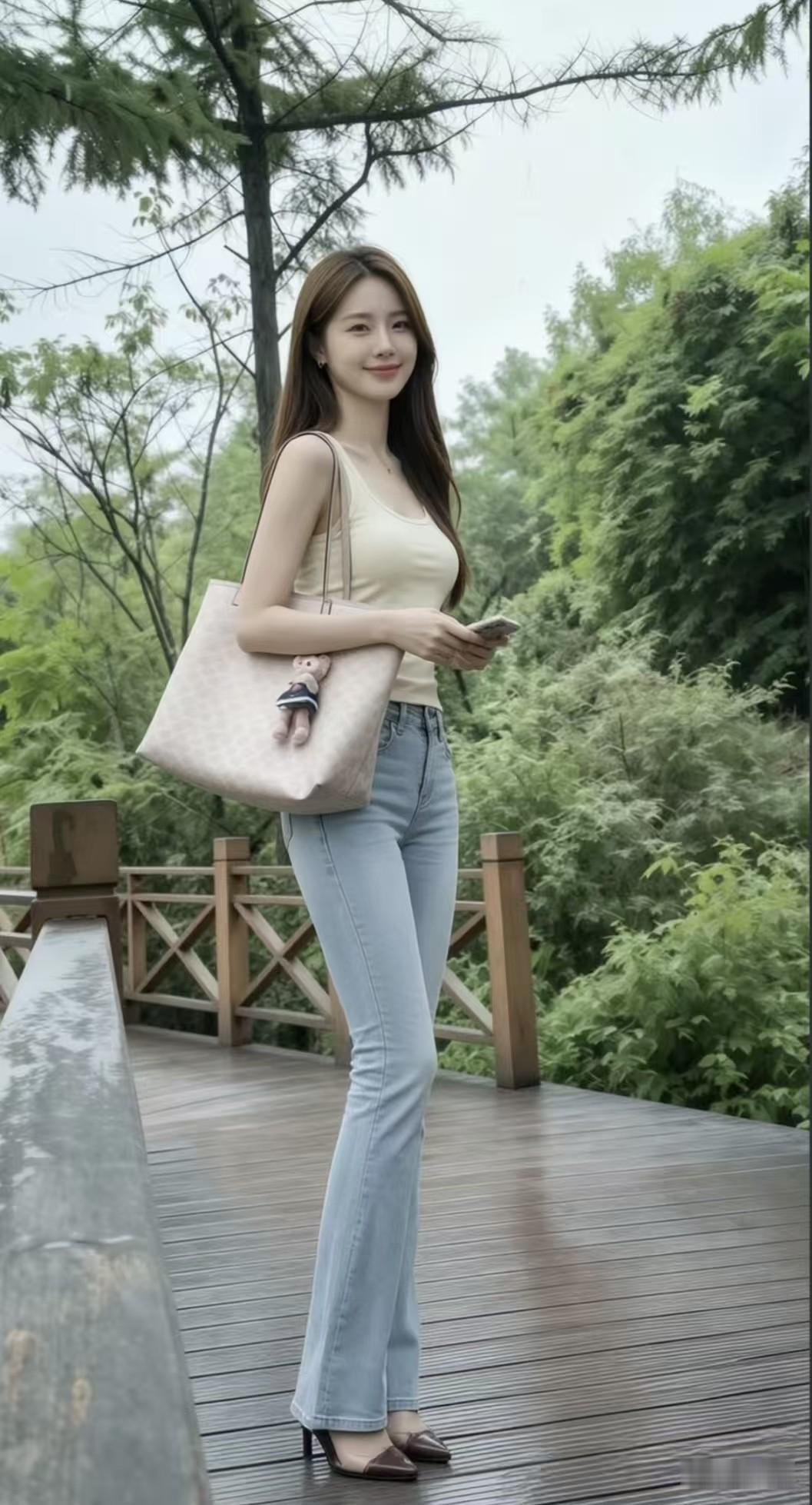 浅色系背心搭配微喇紧身牛仔裤，拉长腿部线条，简约清爽穿出温柔好身材。
牛仔裤穿搭