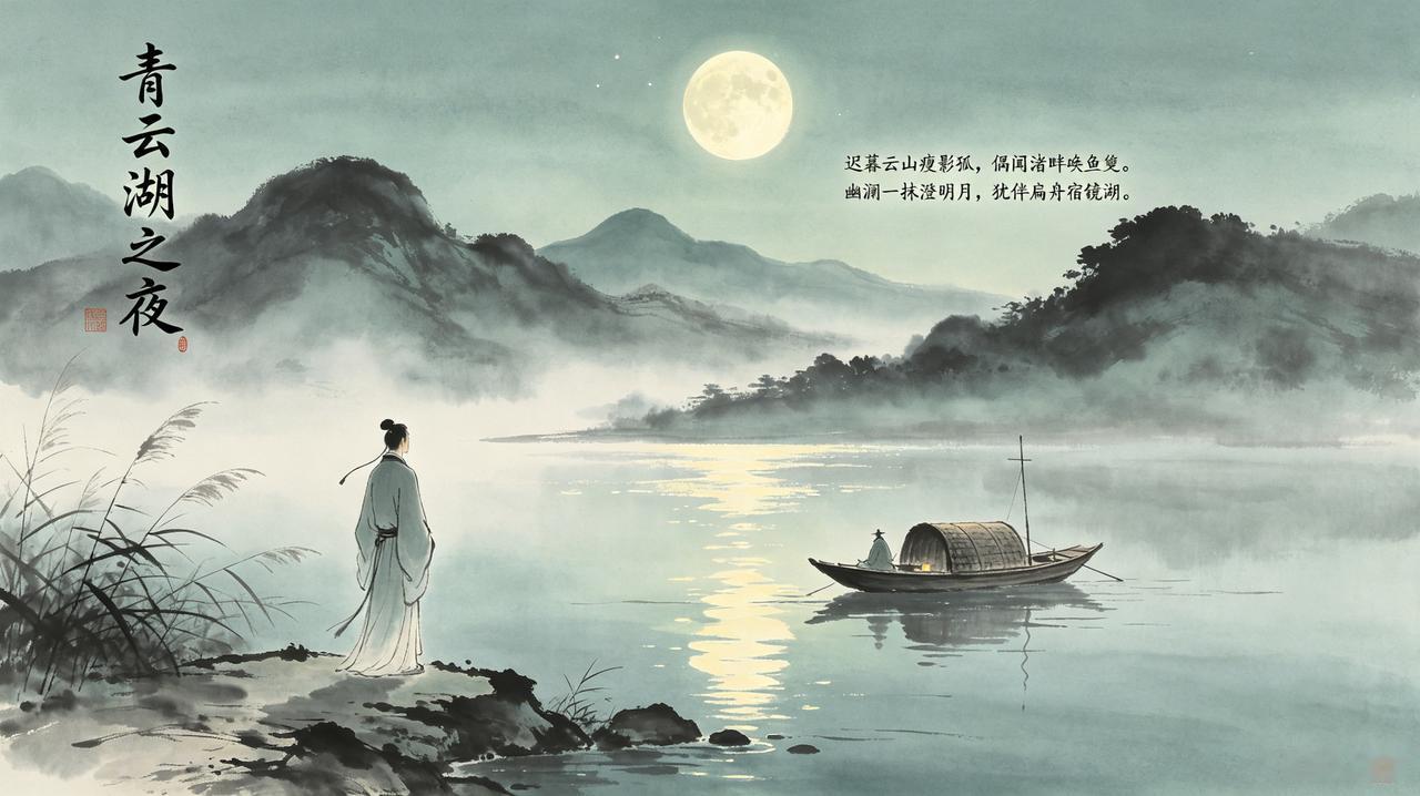 青云湖之夜（山东泰安/徐峰）
迟暮云山瘦影孤，偶闻渚畔唤鱼凫。
幽澜一抹澄明月，