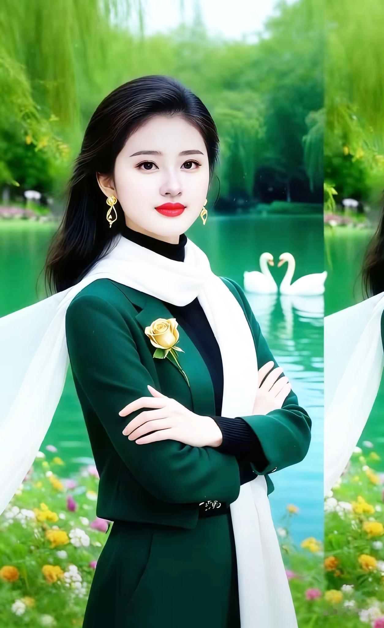 优雅绿衣少女，湖畔漫步，天鹅相伴，尽显自然之美。