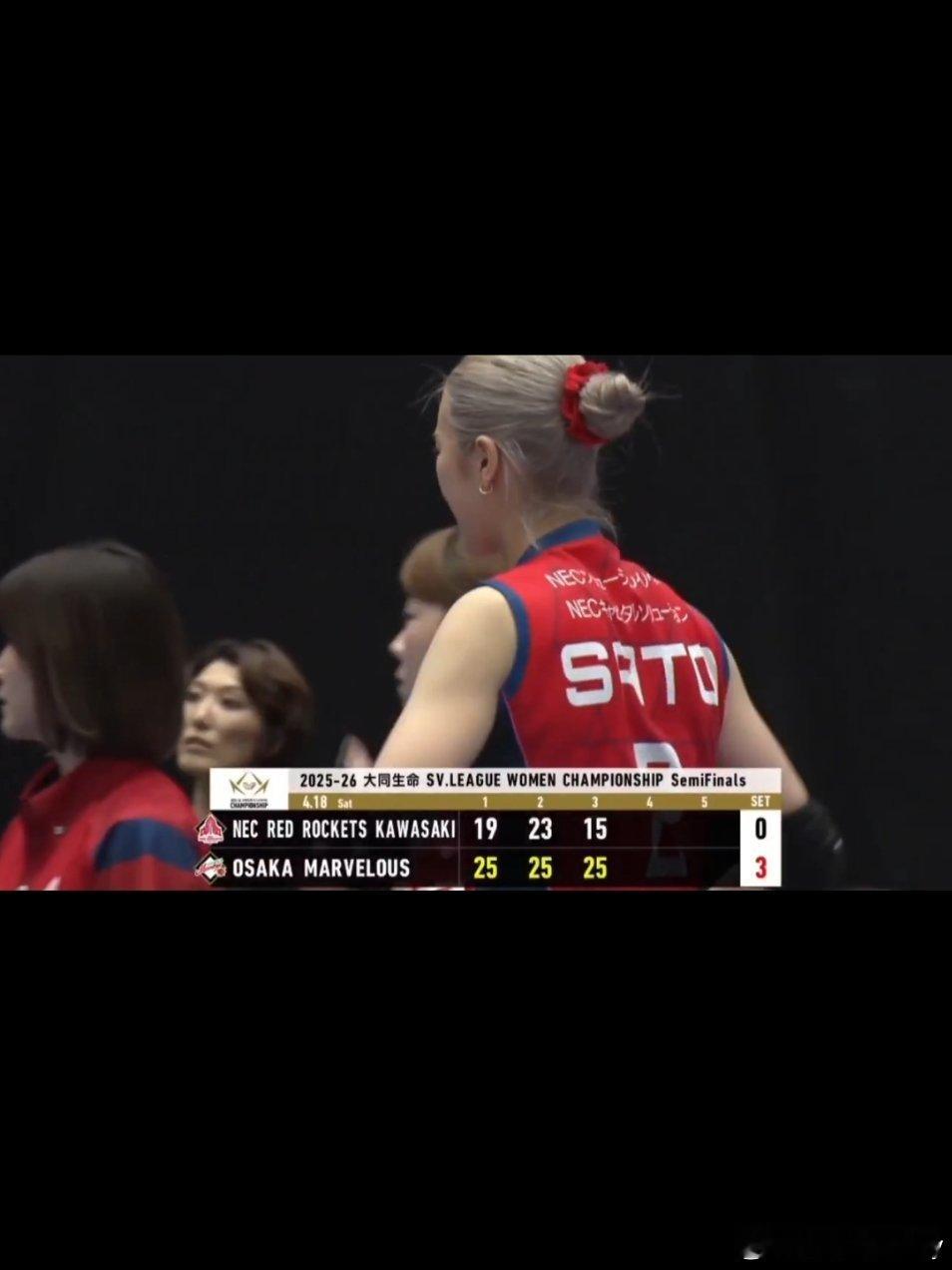 日超女排常规赛冠军NEC红火箭惨被淘汰。在半决赛两回合比赛中，均0-3不敌大阪M