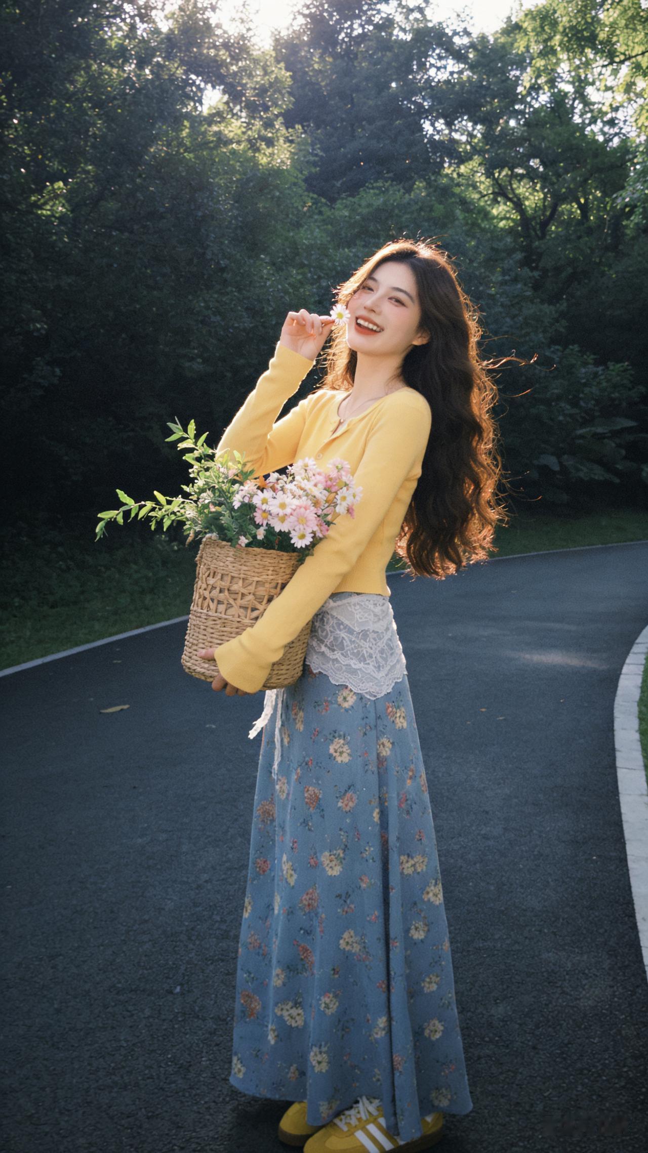 阳光下的花束少女，笑靥如花，漫步在林间小道上。