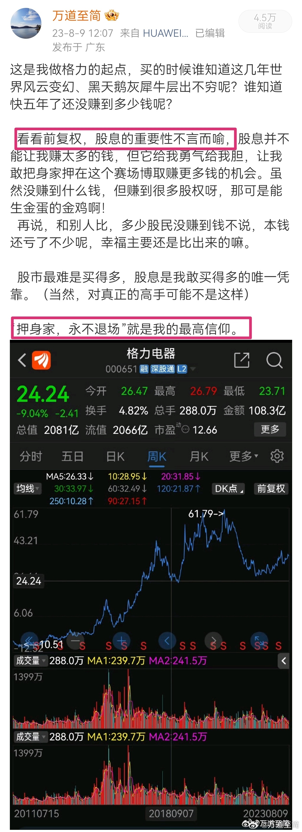 回看我开始重仓格力时的前复权股价，不是看涨幅，而是体味买入时的安全边际。当然我在