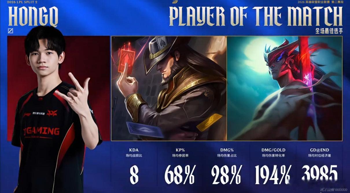 2026LPL JDG 2-0 iG本场的POM给到了HongQ选手！ig五连败