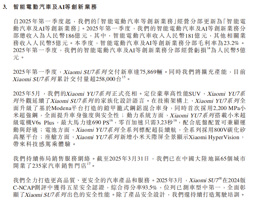 瞄了下小米的财报，截止2025年3月31日，小米汽车在65个城市开了235家门店