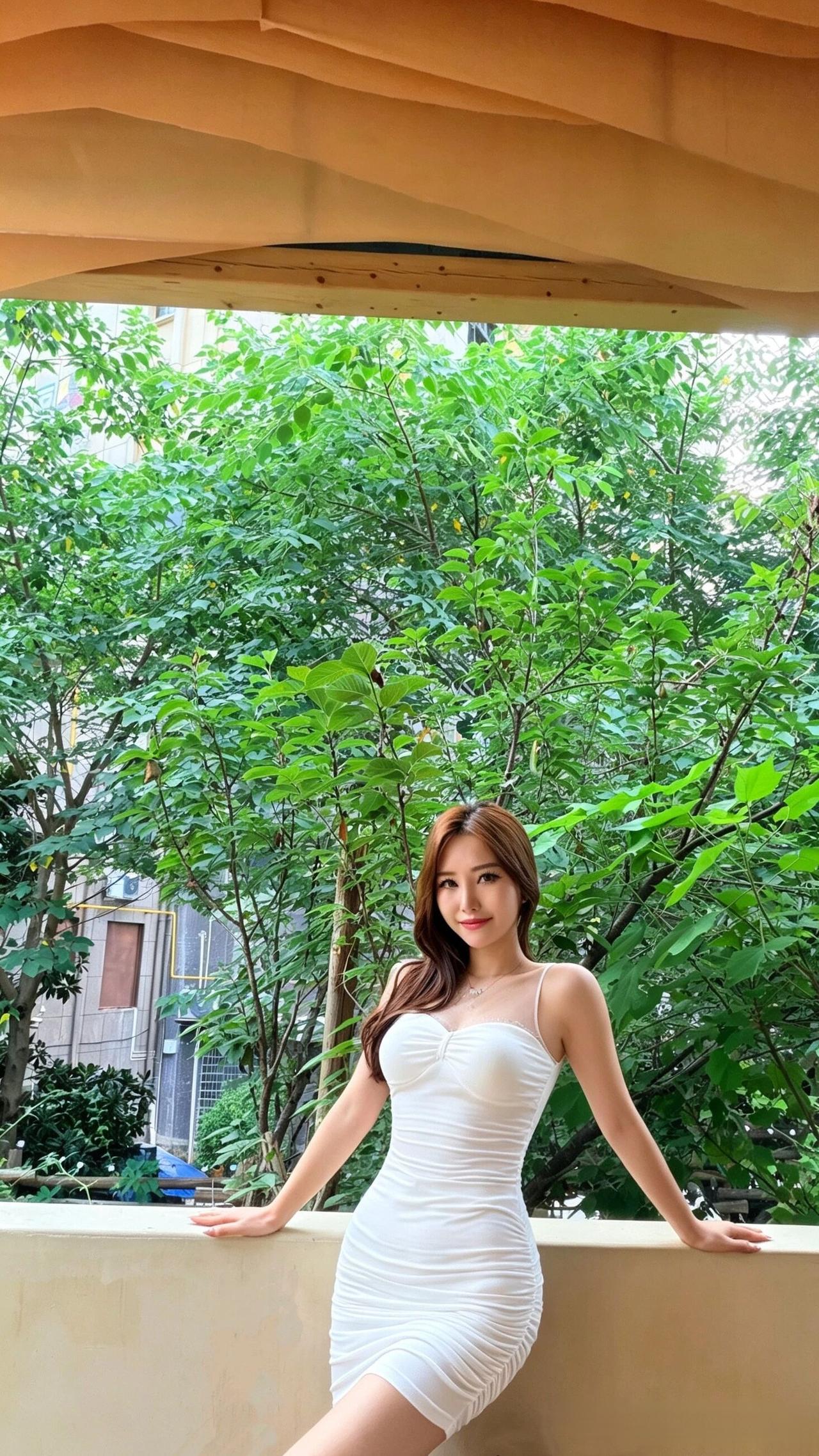 夏日清新穿搭，白色连衣裙，绿意盎然背景，轻松自然。