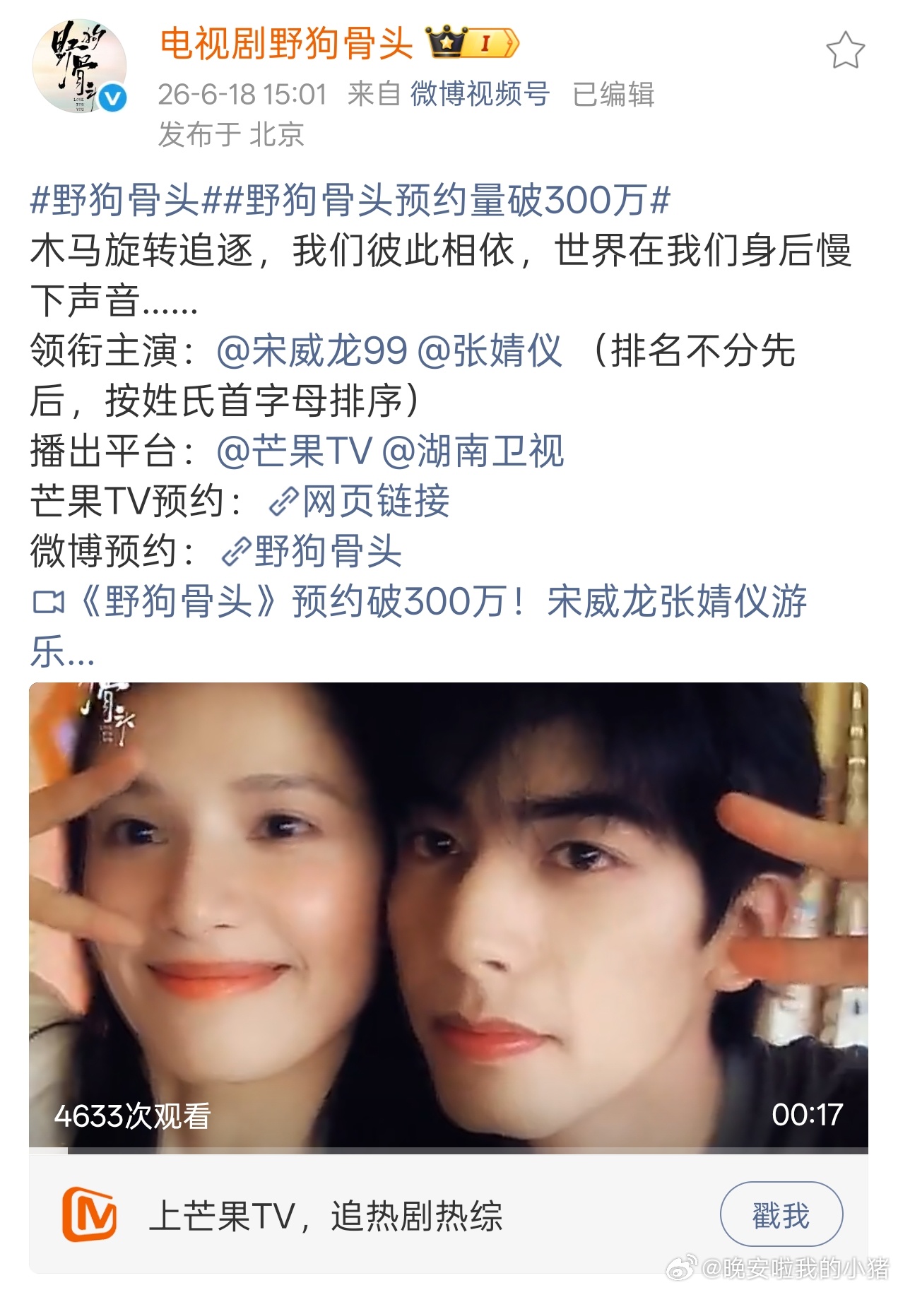 宋威龙张婧仪野狗骨头预约破300w物料，即将播出了