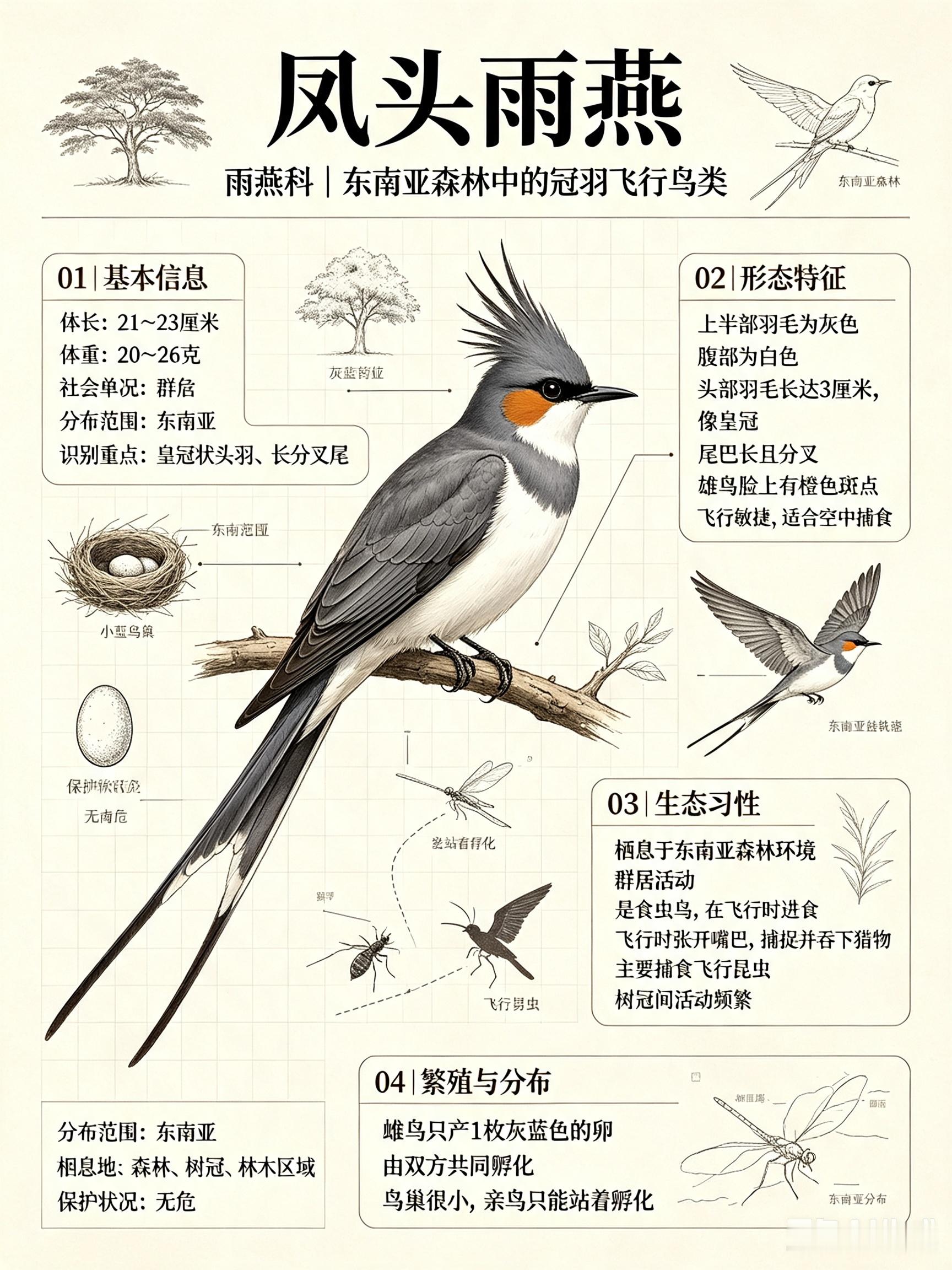 鸟类朋友图鉴 凤头雨燕体长：21~23 厘米体重：20~26 克社会单位：群居保