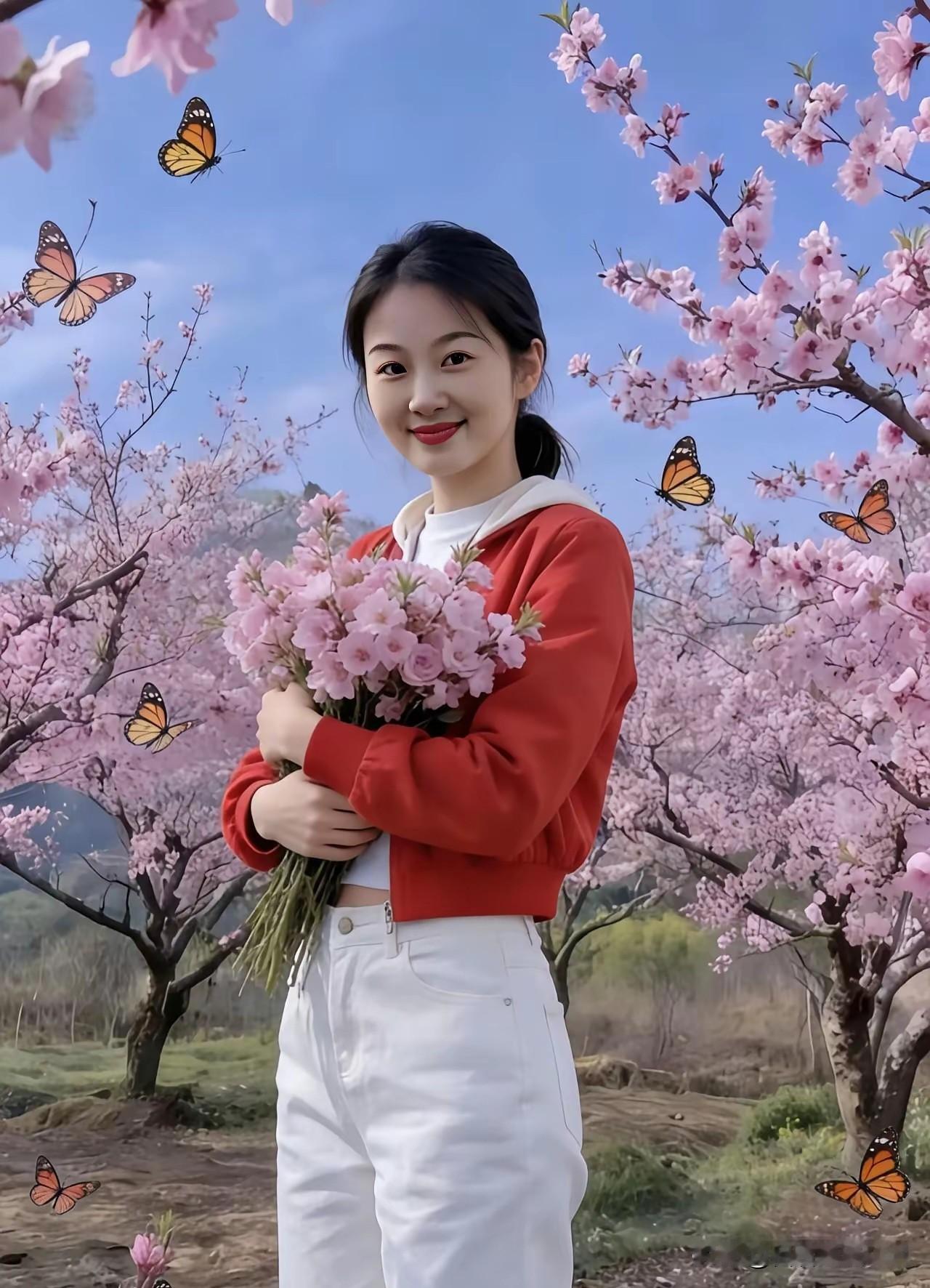 江城子·撷花缘
 
东风吹暖桃千枝，蝶翩跹，染芳时。
红袂轻扬，笑靥似春熙。
手