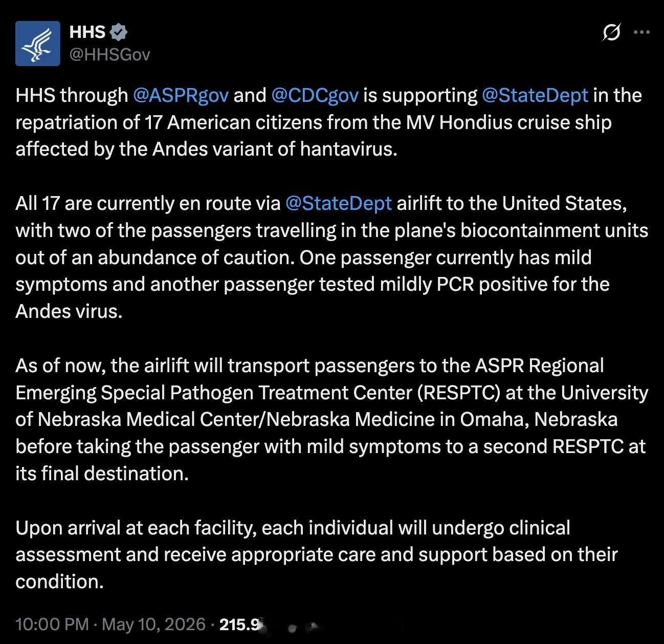 美国卫生与公众服务部通过战略准备与响应管理局（ASPR）和CDC协助美国国务院接