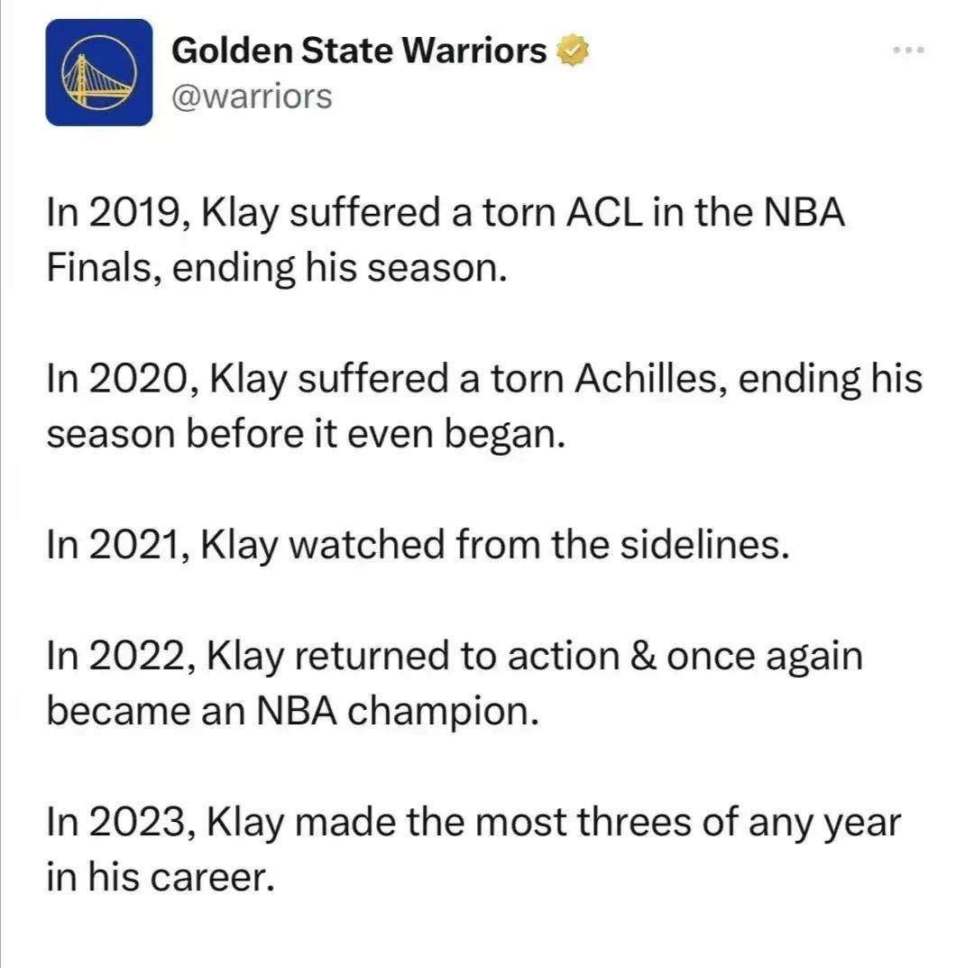 克莱将远走湖人，勇士发官推感谢。
据NBA记者Honny爆料，勇士队与湖人队很可