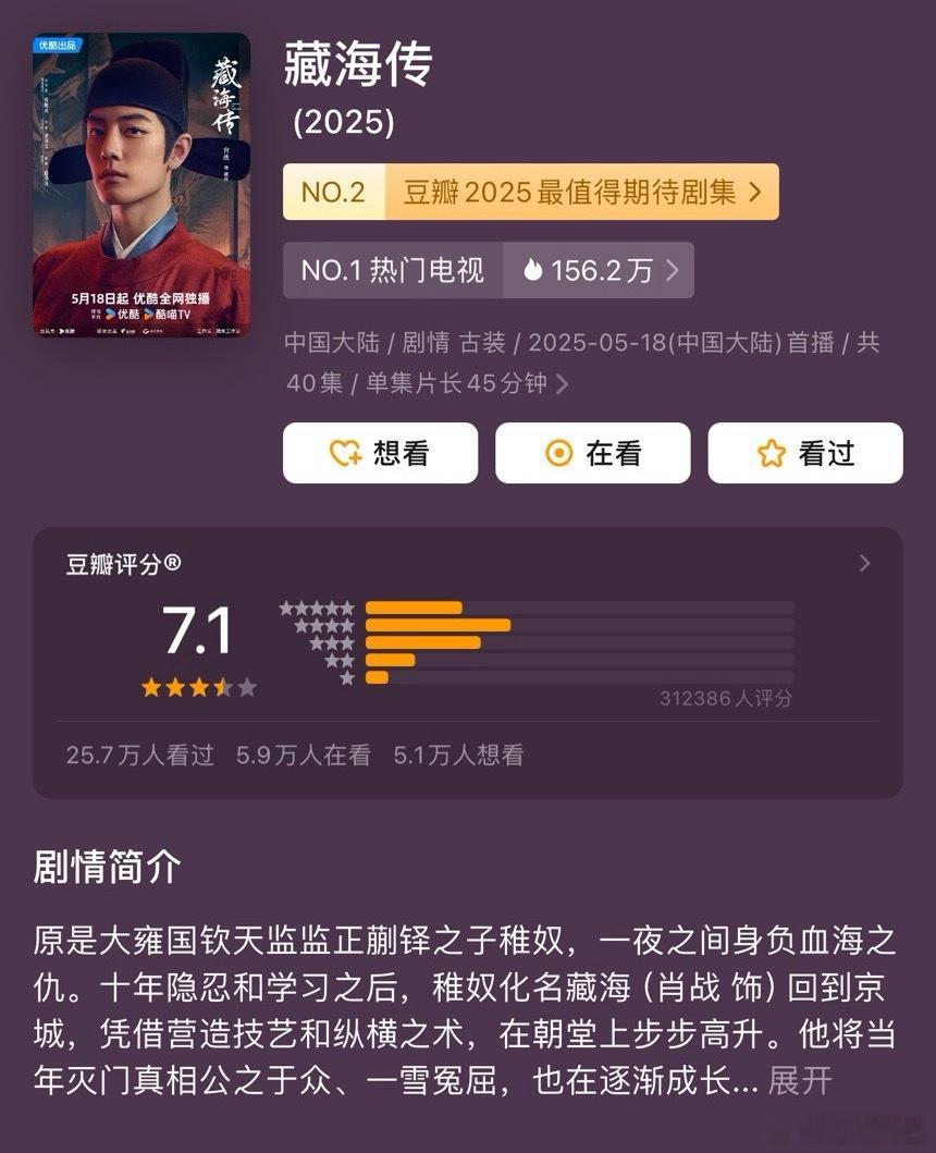 我是路人我觉得藏海传值得8分以上[拳头] 藏海传豆瓣开分7.1 ​​​