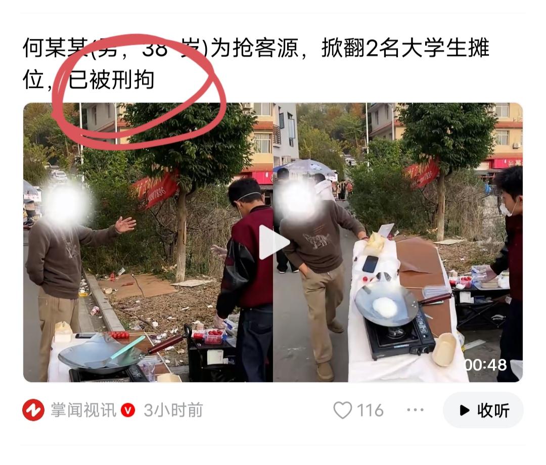 何某某因争抢客源，掀翻了打工大学生的摊位。警方调查后，对其进行了批评教育，并实施