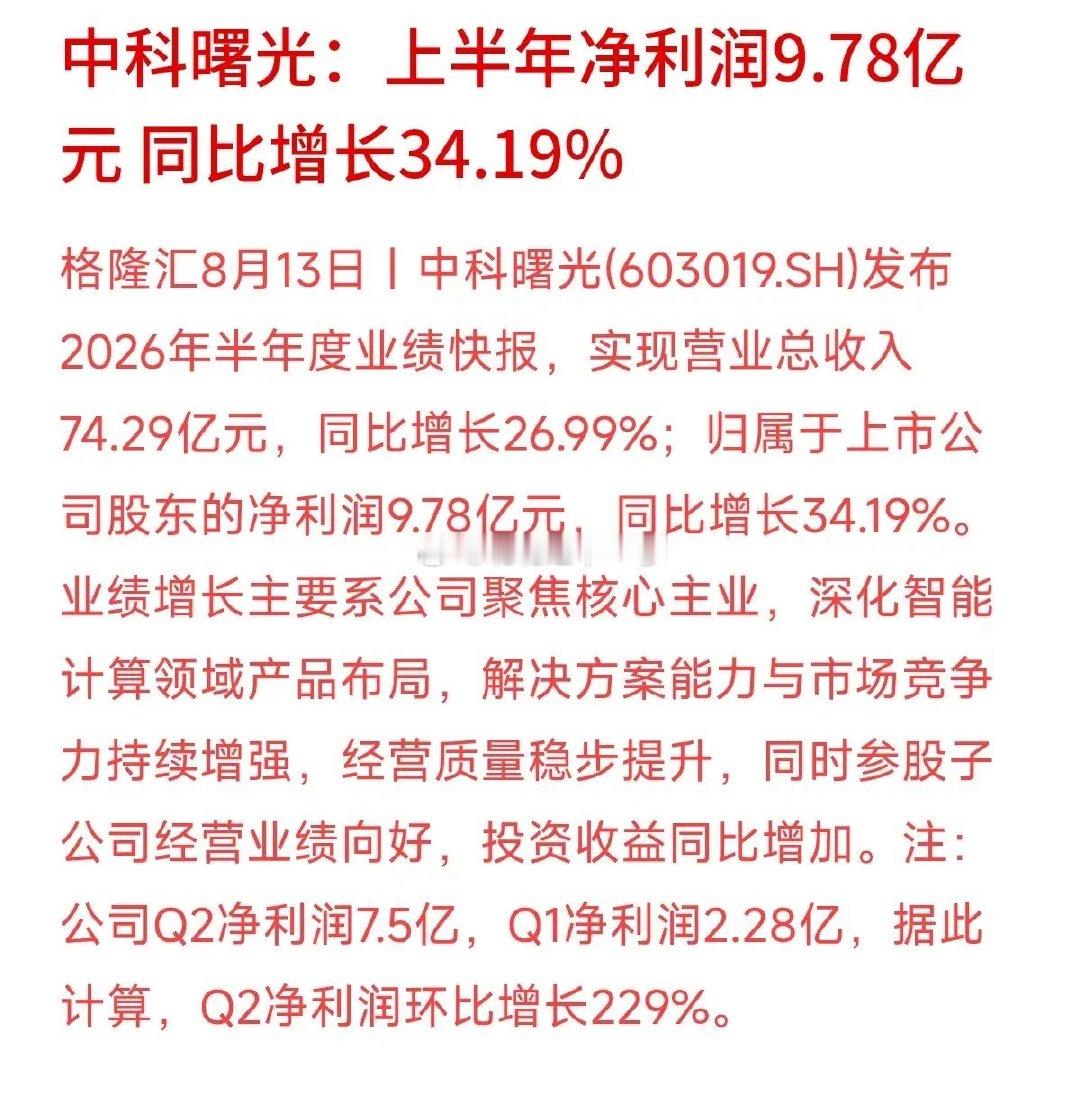 AI算力需求虚实？看硬件龙头业绩便知。中科曙光上半年营收74.29亿元，净利润9