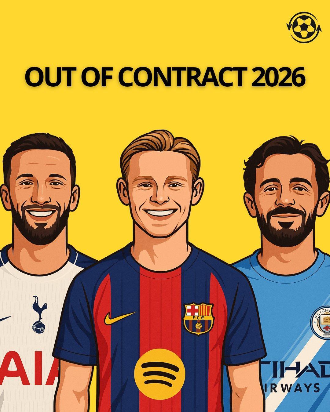 ✍️2026年合同到期的中场球员名单：
🔸 弗兰基·德容（巴塞罗那）
🔸 贝