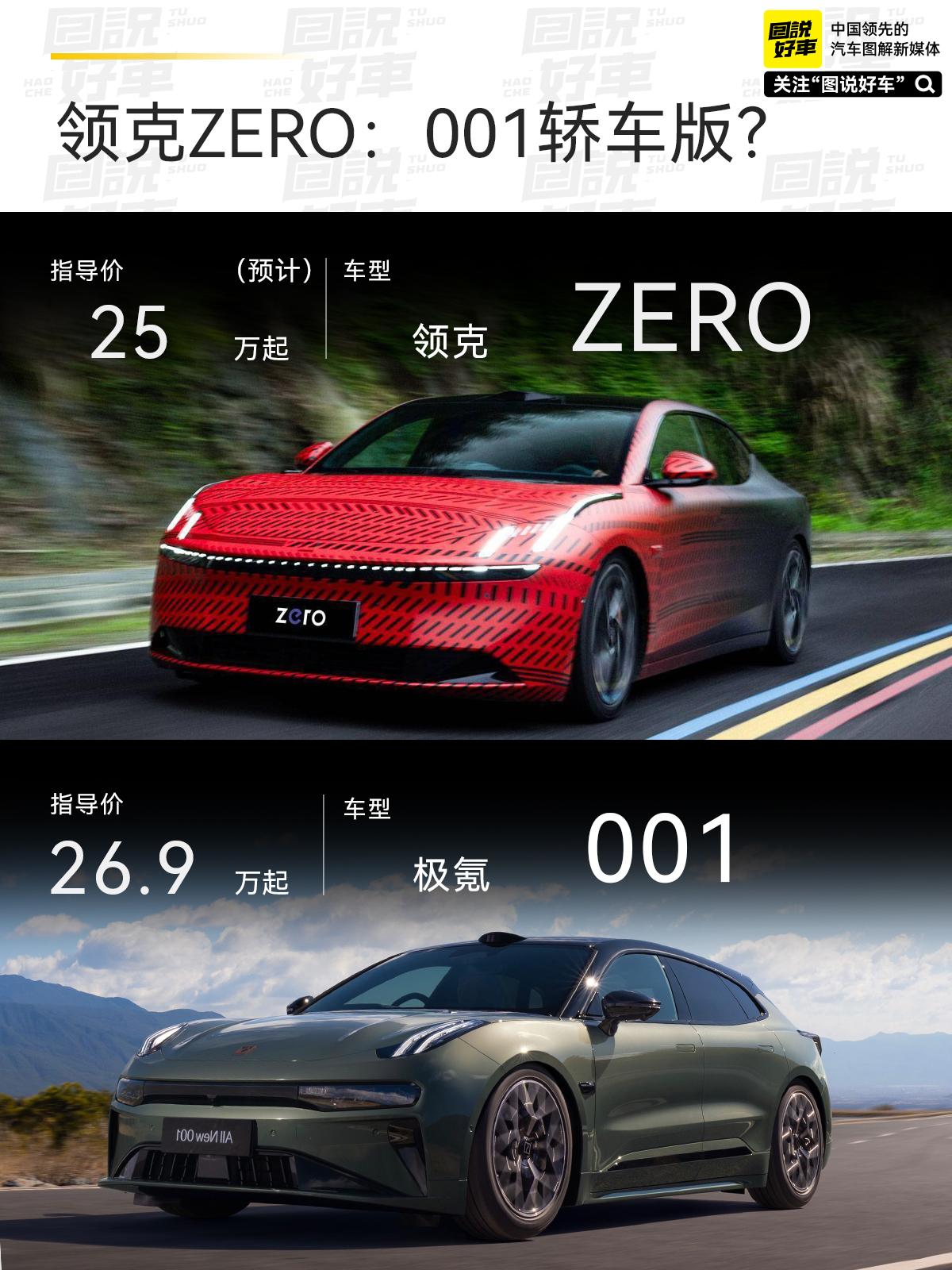 极氪001：我以前也叫领克zero呀。领克zero将于6月12日在瑞典正式亮相 
极氪001就是早期领克zero的量产版，但现在的这款领克zero是正儿八经轿车，极氪001算跨界车
谍照上，领克zero采用了和领克07类似的家族设计语言
可以看到的信息点：
主动进气格删，悬浮式车顶、无框车门、隐藏式门把手
有激光雷达，将搭载高阶辅助驾驶
尺寸和极氪001相当，定位中大型纯电轿车、
有21寸轮毂，预计还会提供19/20
贯穿式尾灯和一个非常大的尾翼
有hud抬头显示，头枕音响
车机系统应该是魅族的flyme