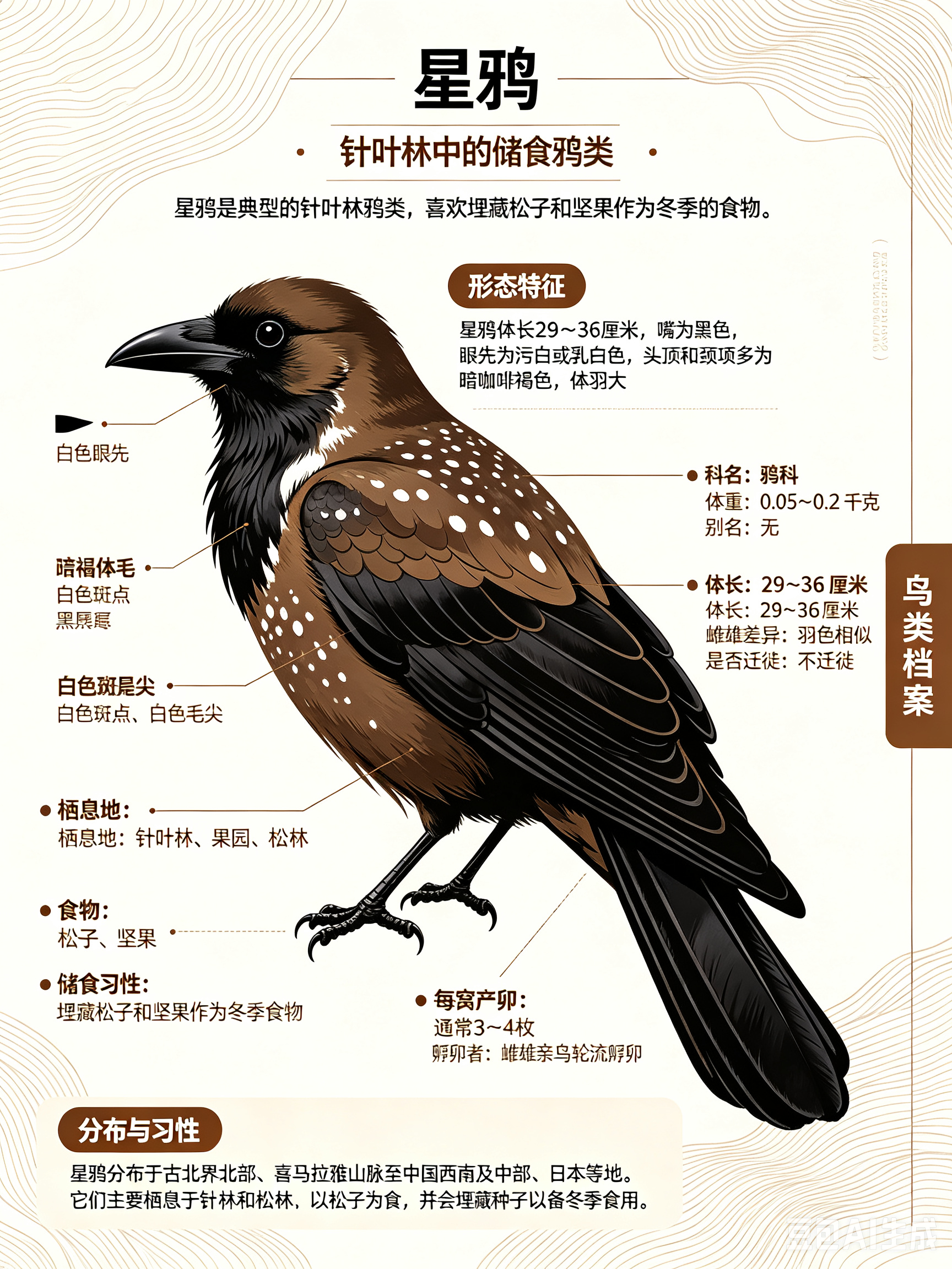 鸟类朋友图鉴 星鸦科名：鸦科体重：0.05～0.2千克别名：无星鸦是典型的针叶林