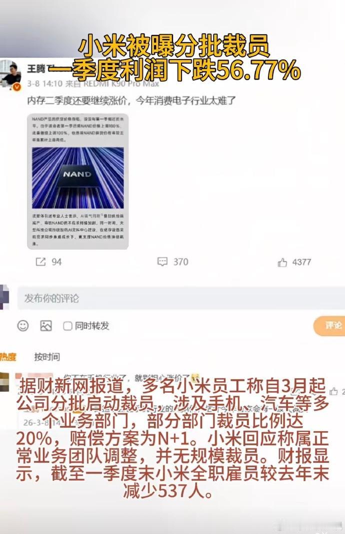 过去两年最成功的电动汽车企业小米，也迎来了裁员。

据财新网报道，引述多名小米集