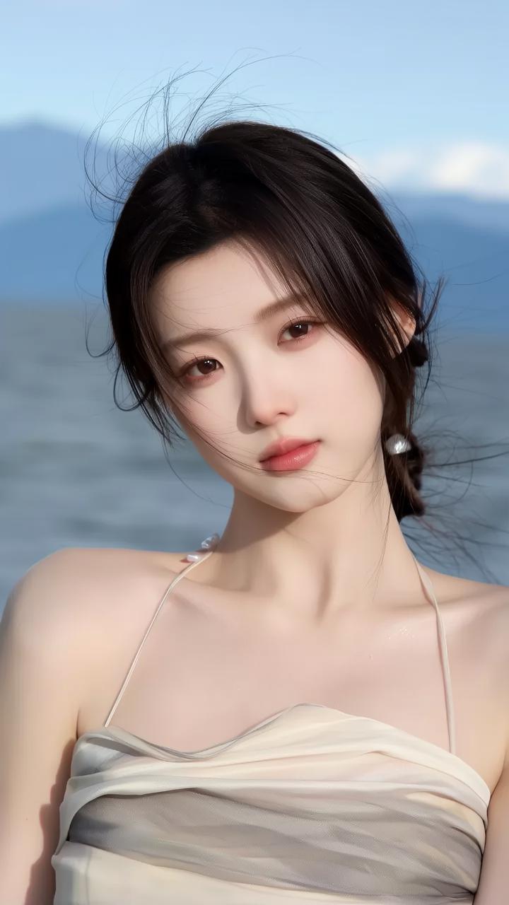 海边少女，温柔海风轻拂，浅笑如花