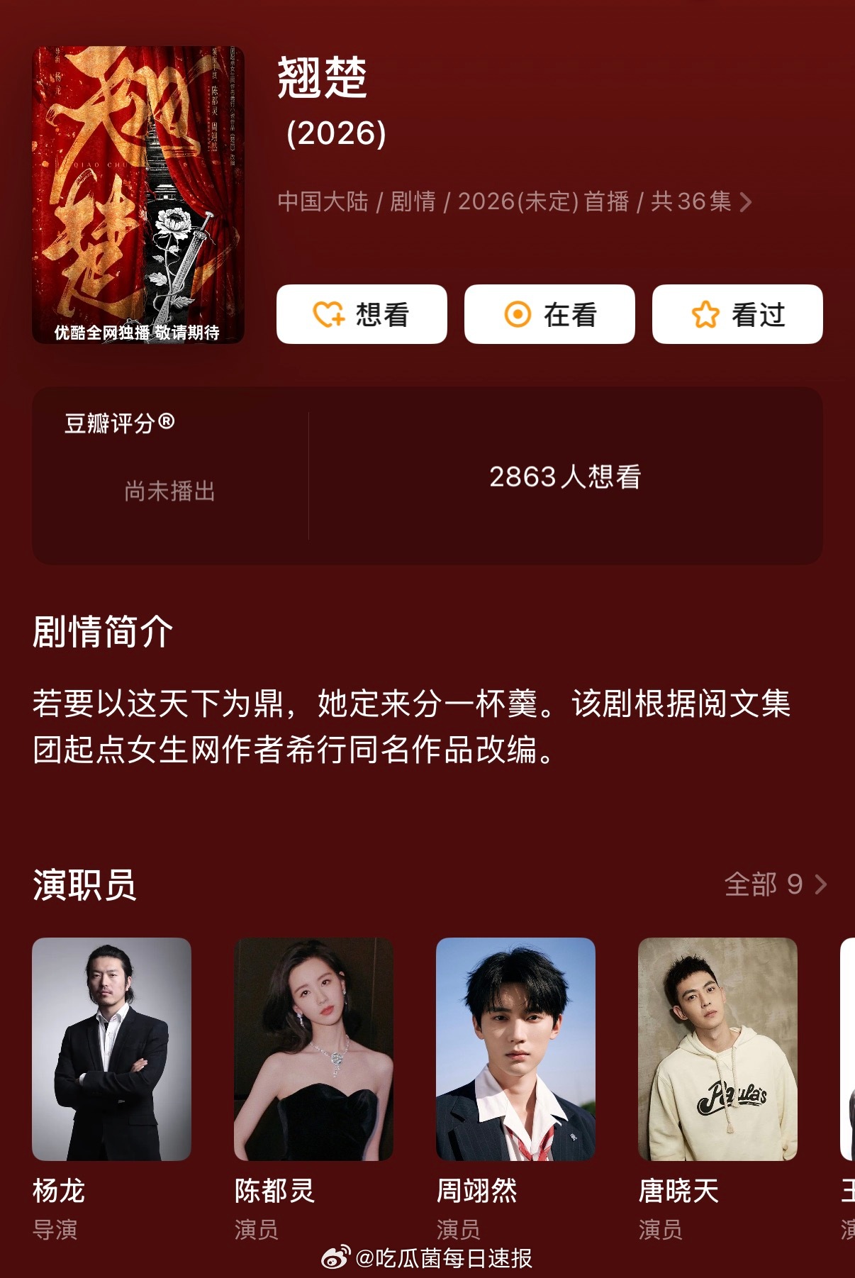 陈都灵、周翊然的《翘楚》过审下证，番位应该是不会变了吧