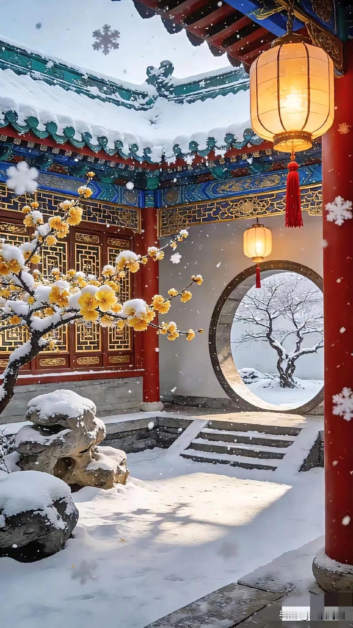 雪中花木春光好，古寺钟声夜夜长。