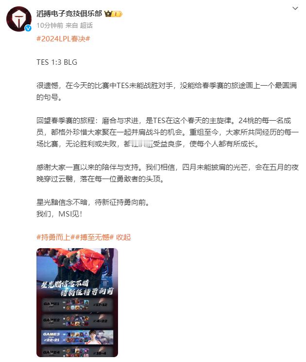 #TES赛后发文##TES赛后发文# 比赛结束，TES发文道歉 TES继续努力吧